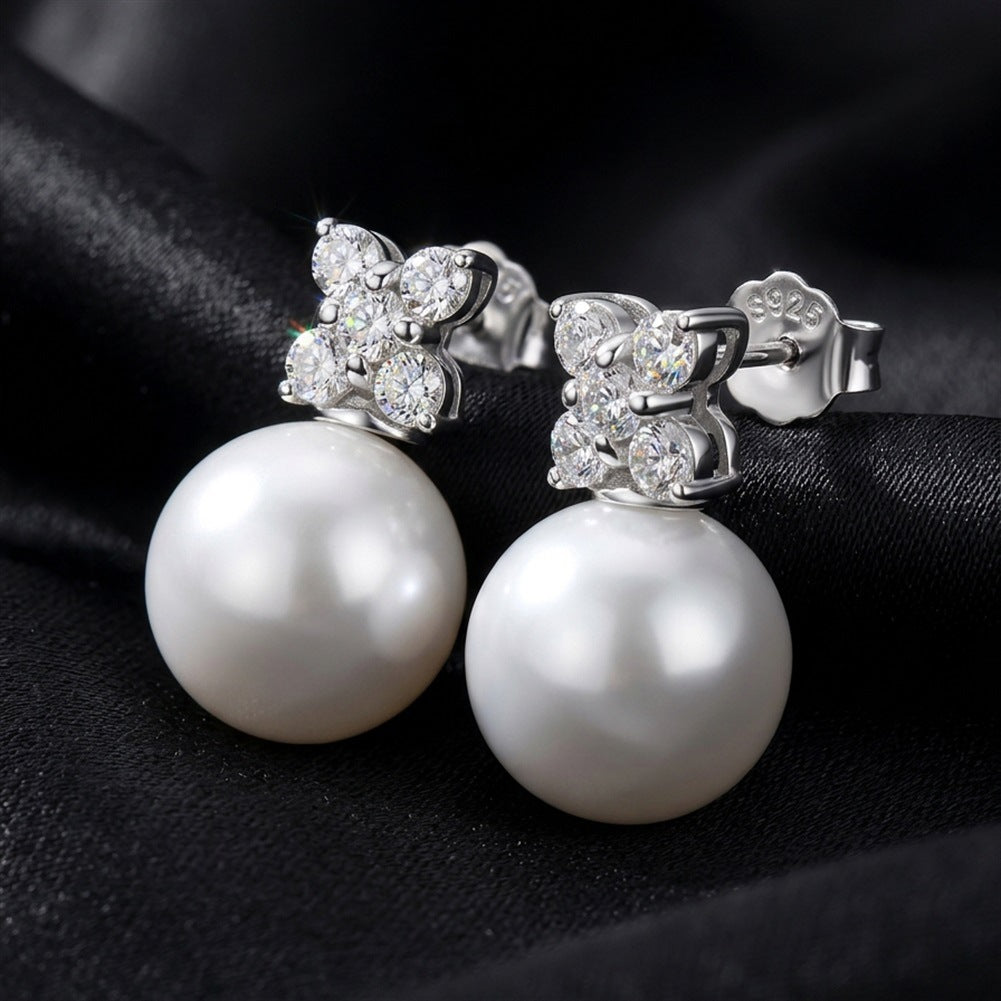 S925 Sterling Silver Four CZ Flower Pearl Stud Earrings, Large Round Pearl with Bright Glossy Iridescent Luster