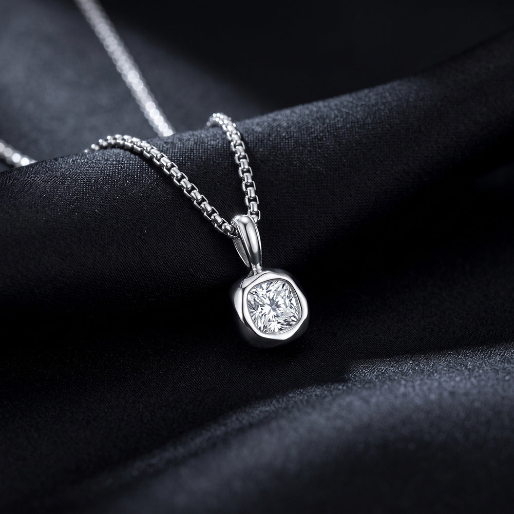 Stainless Steel Cushion Cut Cubic Zirconia Necklace, Brilliant Cushion CZ Stone with Bright Sparkle Bezel Set in Soft Round Silver Setting