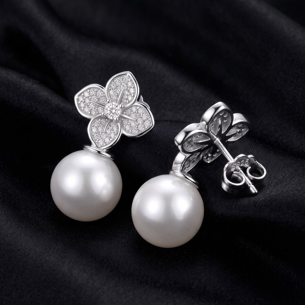S925 Sterling Silver Flower Pearl Drop Earrings, Large Glossy Round Pearl with Rich Creamy Iridescent Luster Under Pave Zircon Four-Leaf Flower Top