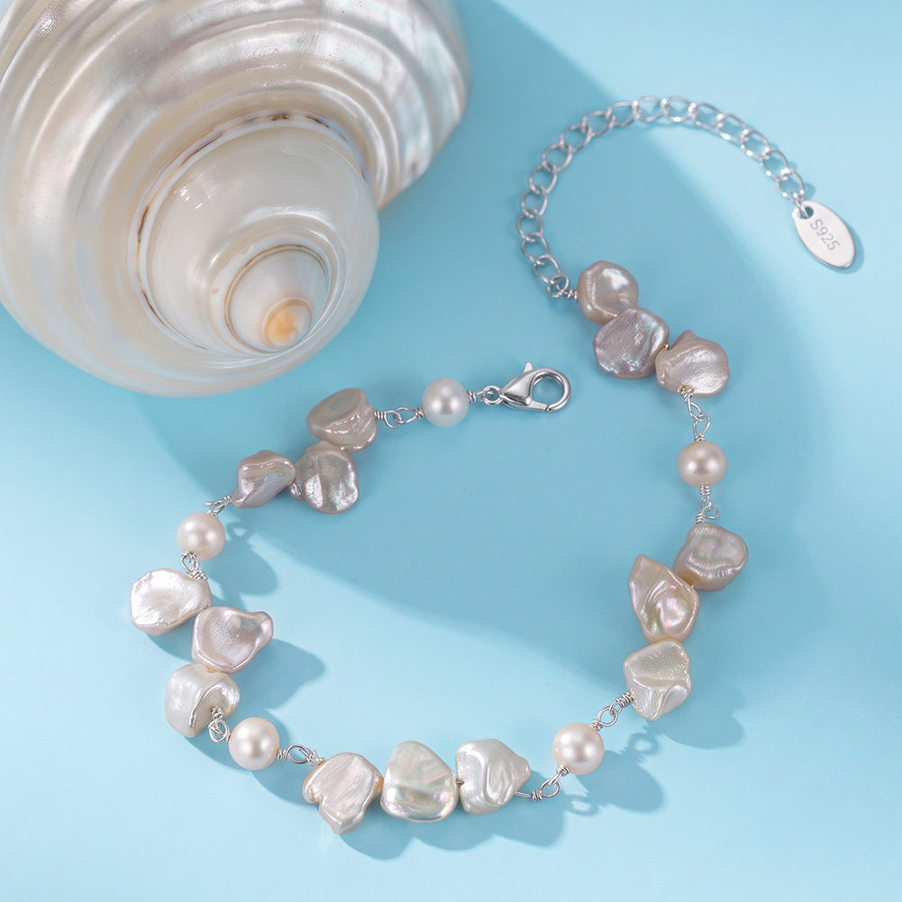 S925 Sterling Silver Keshi Baroque Pearl Bracelet, Irregular Petal-Shaped Freshwater Pearls with Colorful Rainbow Orient Luster