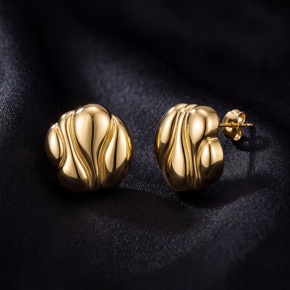 Stainless Steel Gold Plated Textured Wavy Dome Stud Earrings
