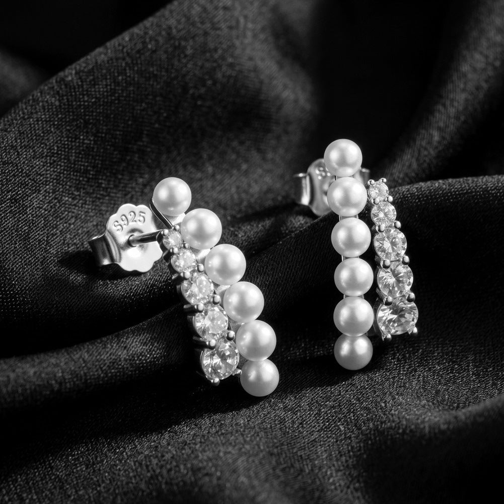 S925 Sterling Silver Curved Cuff Stud Earrings, Lustrous Round Pearls with Soft Natural Luster Paired with Graduated Sparkling Cubic Zirconia