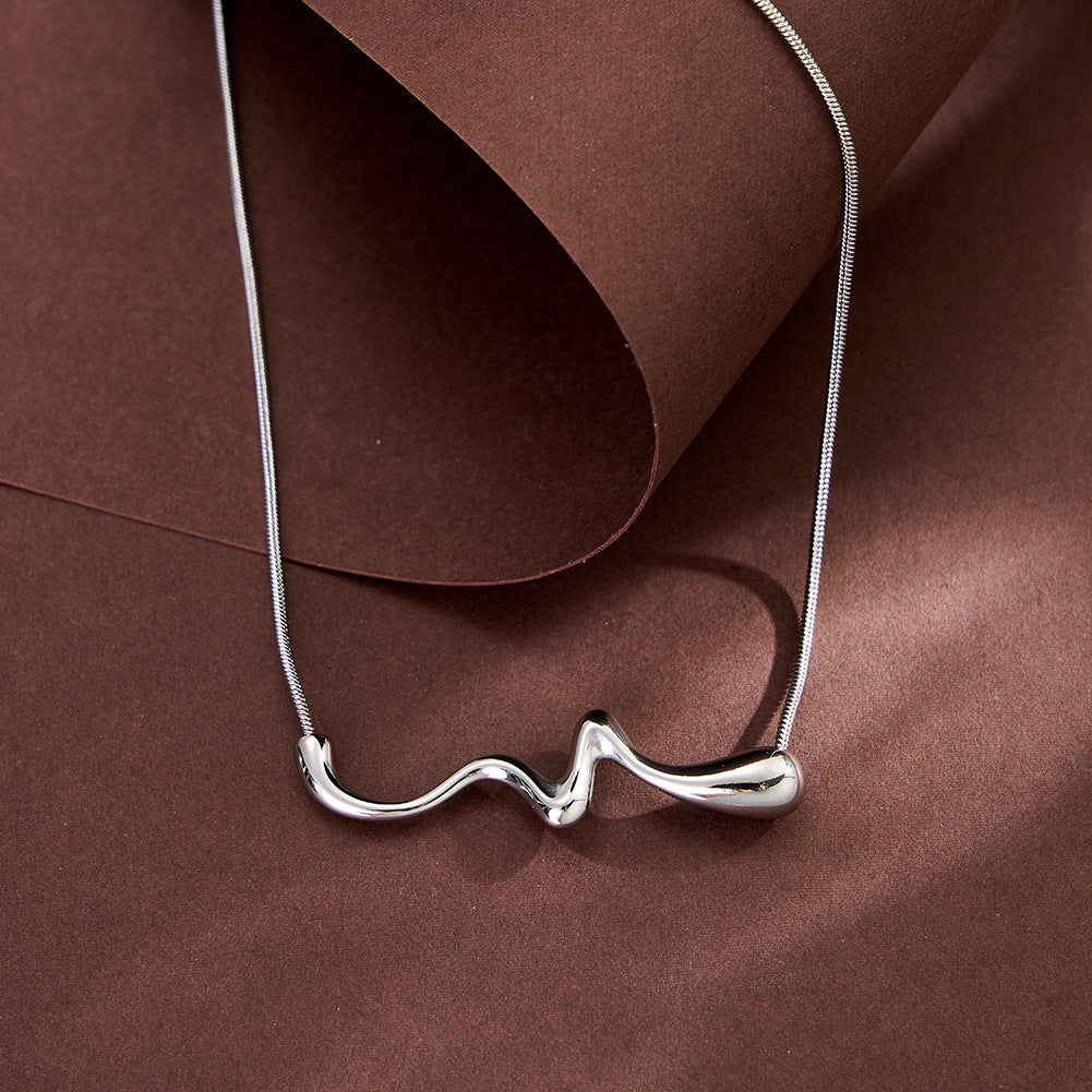 Stainless Steel Wavy Curve Pendant Necklace, Smooth Polished Abstract Wave Shape Bar, Sleek Thin Snake Chain Minimalist Necklace