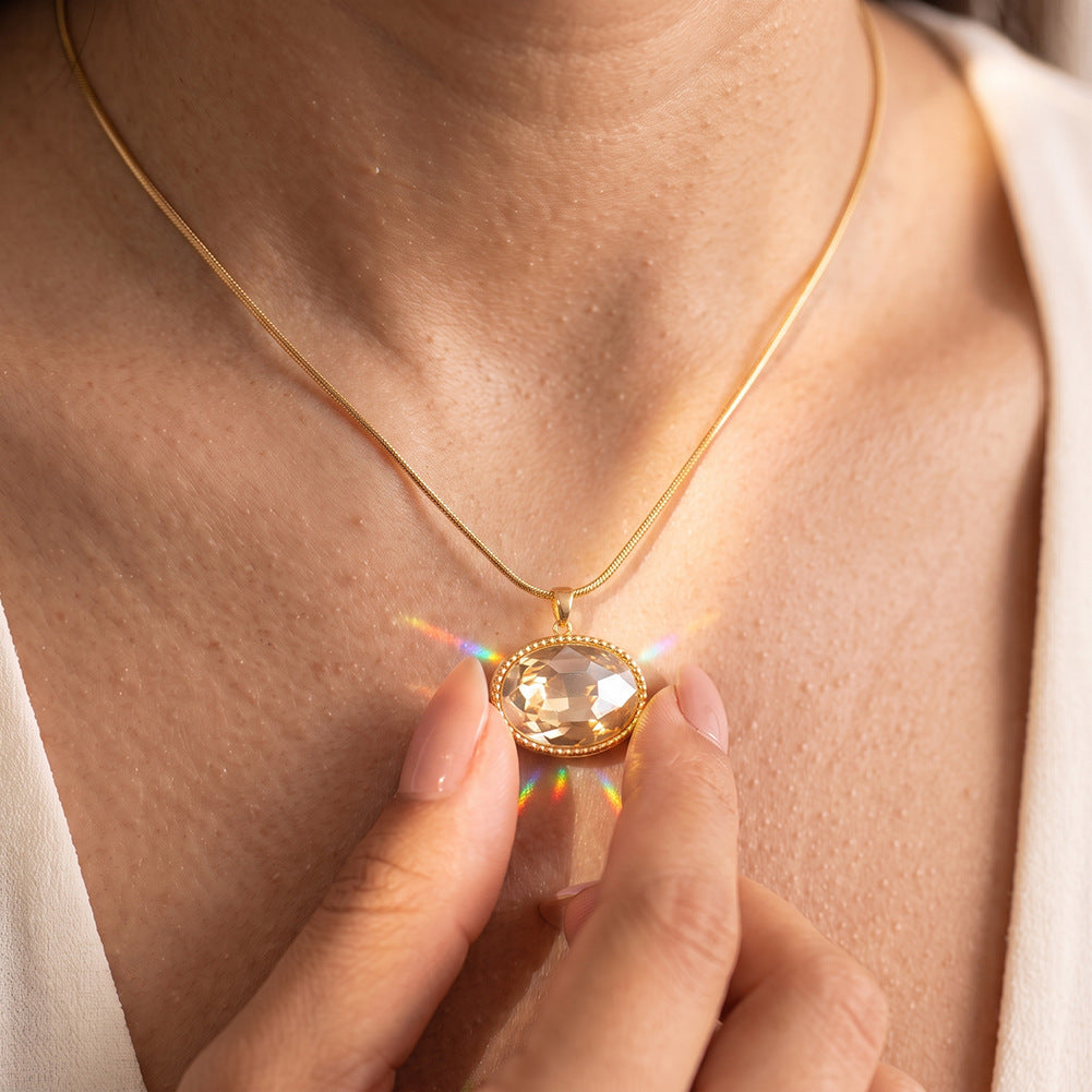 Stainless Steel Oval Champagne Crystal Snake Chain Necklace, Large Faceted Oval Champagne Crystal Stone Set in Delicate Beaded Rim, Sleek Snake Chain