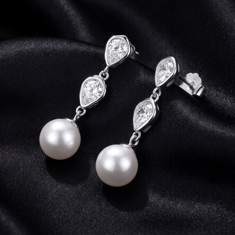 S925 Sterling Silver Double Teardrop Zircon Pearl Dangle Earrings, Big Round Pearl with Gentle Silky Sheen