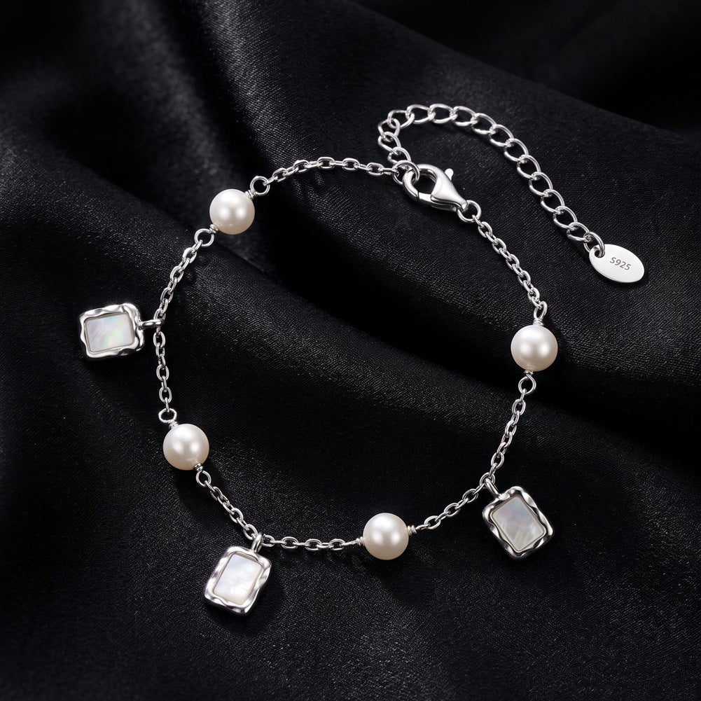 S925 Sterling Silver Bracelet, Round Lustrous Freshwater Pearls with Soft Natural Sheen and Square Mother-of-Pearl Charms