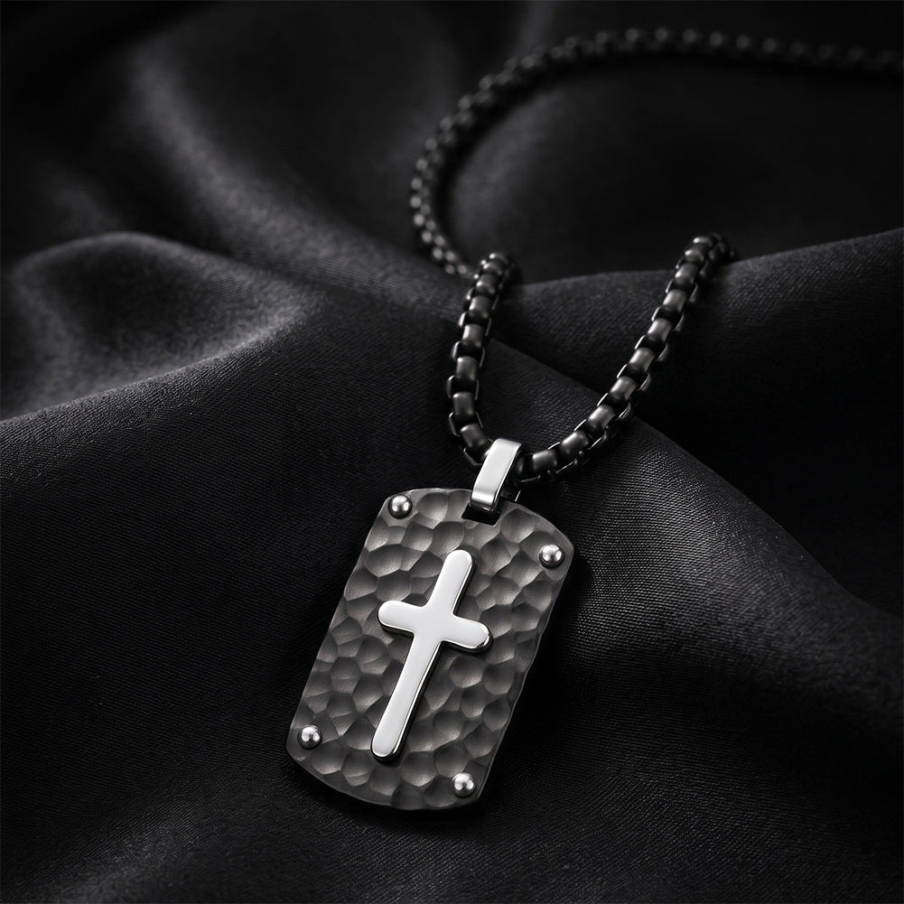 316 Stainless Steel Hammered Textured Black Dog Tag Necklace, Two-Tone Silver Inlaid Cross Pendant with Rivet Details, Black Box Chain for Men
