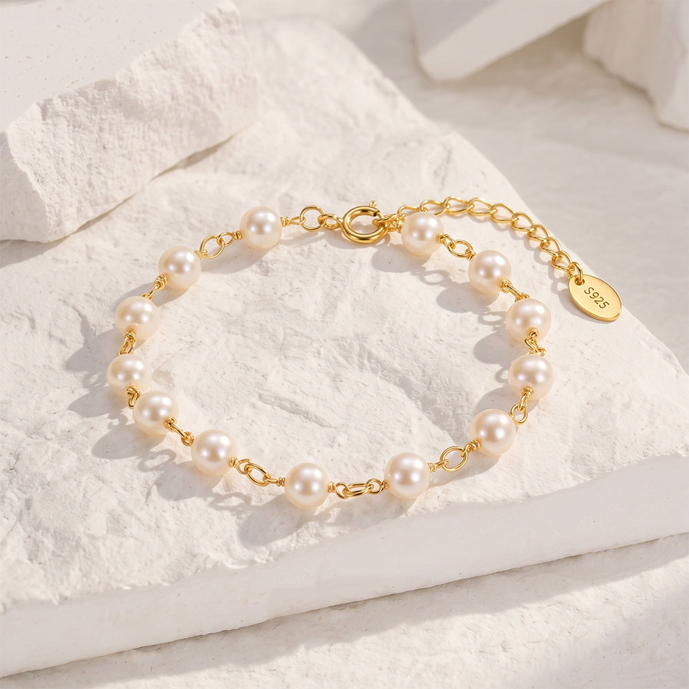 S925 Gold Plated S925 Sterling Silver Pearl Bracelet, Uniform Round Cream Pearls with Bright Elegant Lustre on Chunky Gold Chain
