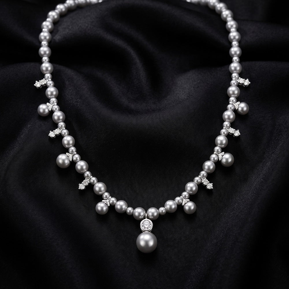 S925 Sterling Silver Graduated Grey Pearl Choker Necklace, Multi-Size Round Grey Pearls with Subtle Shimmer Accented with Tiny Sparkling Zircon