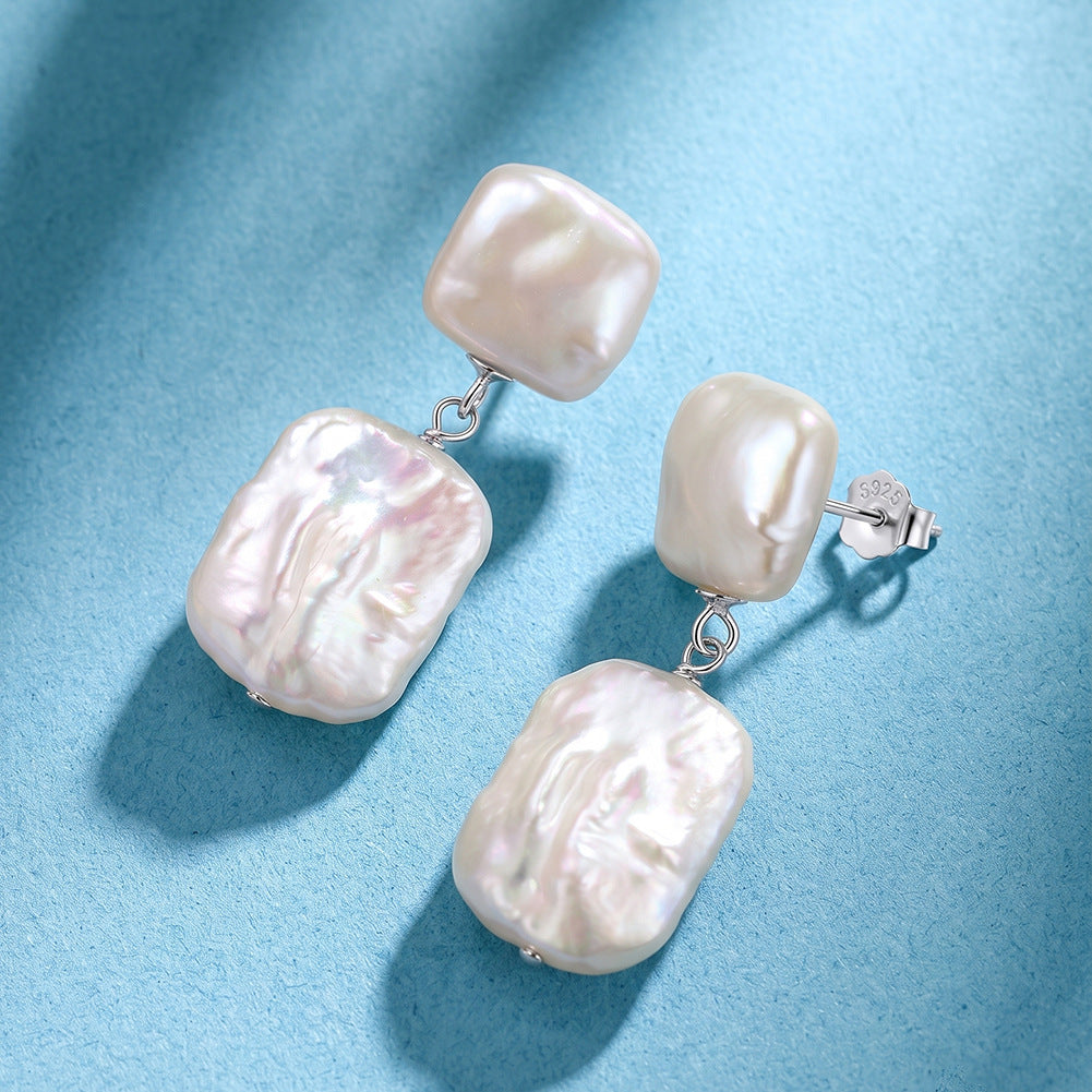S925 Sterling Silver Double Square Baroque Pearl Drop Earrings, Two Stacked Square Baroque Pearls with Bright Rainbow Pearl Luster