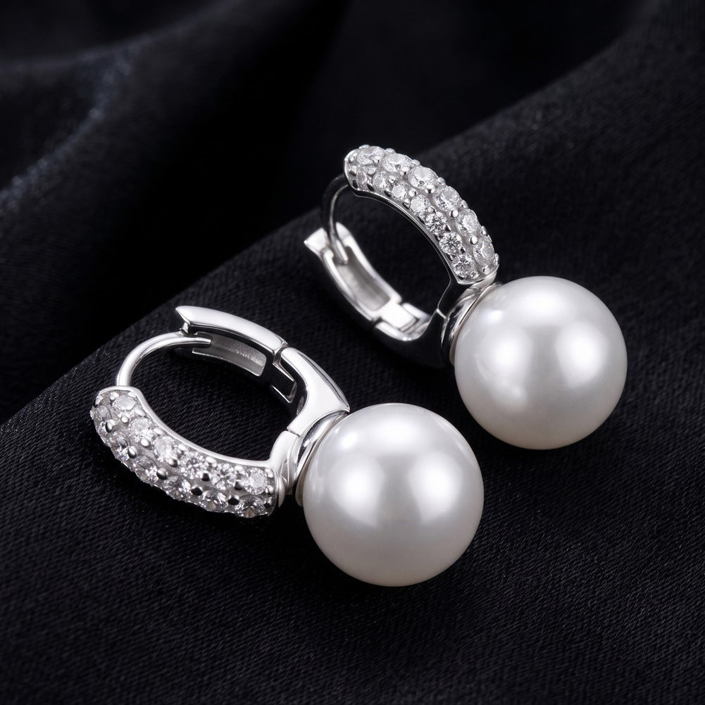 S925 Sterling Silver Huggie Hoop Pearl Earrings, Big Smooth Round Pearl with Bright Silky Luster Dangling from Pave Zircon Hoop