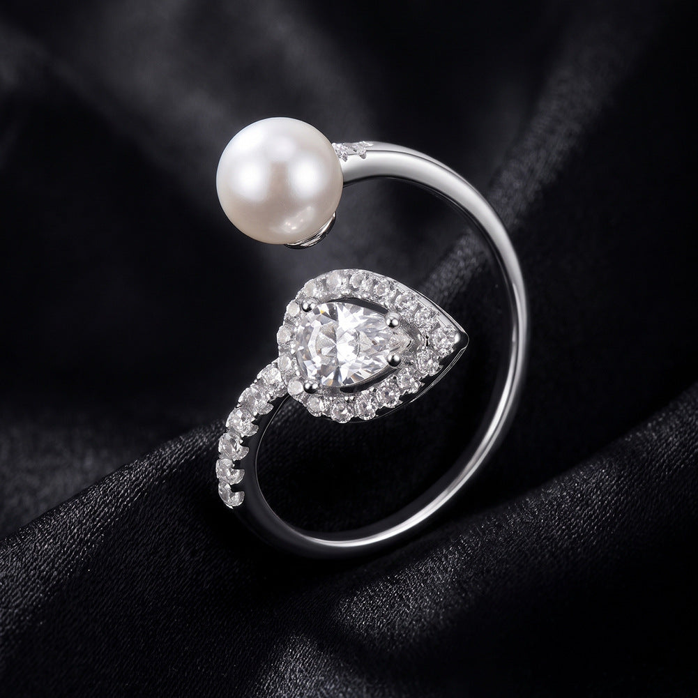 S925 Sterling Silver Open Cuff Ring, Large Glossy Round Pearl with Bright Iridescent Luster Matched with Teardrop Shaped Paved Zircon