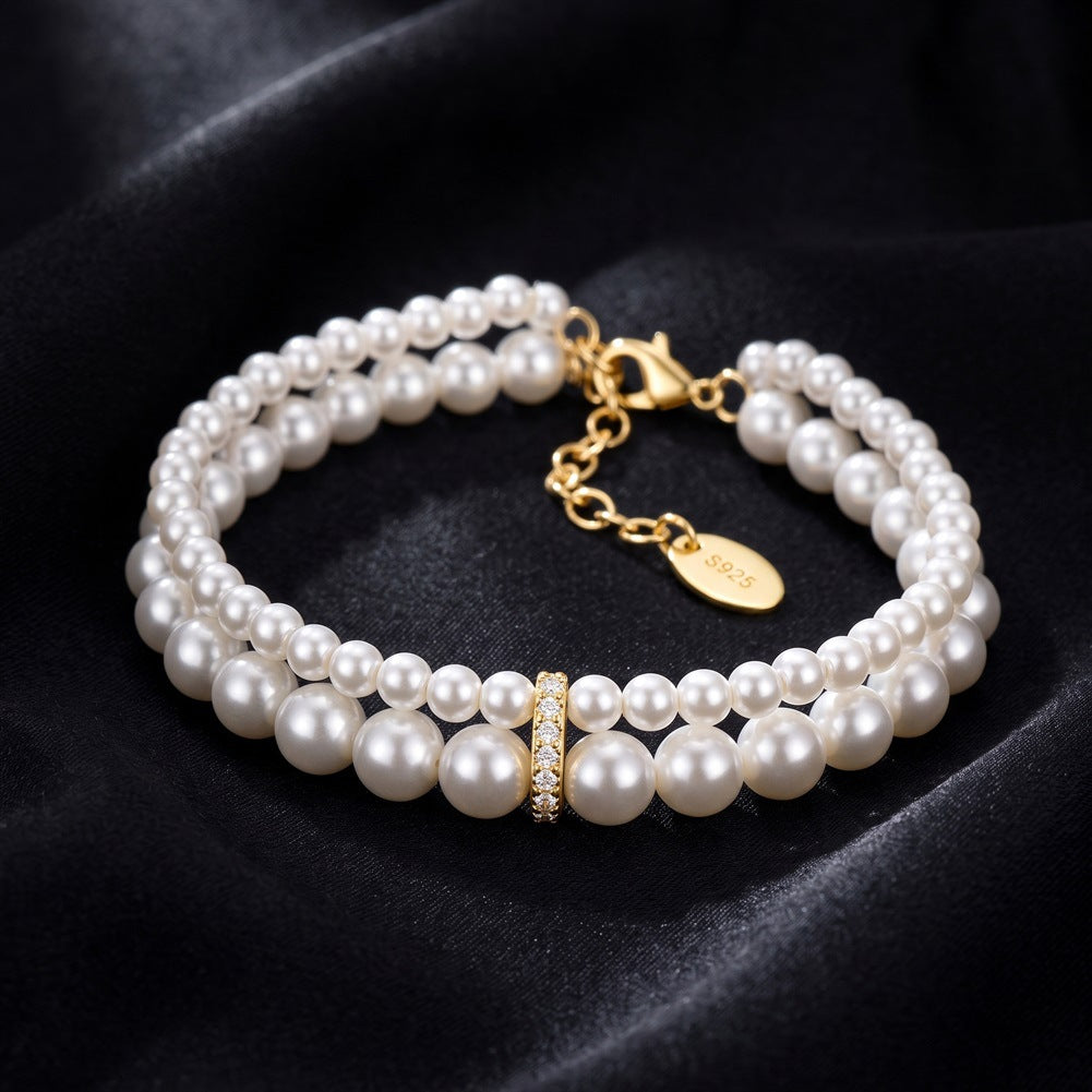 S925 Sterling Silver Multi-Layer Grey Pearl Bracelet, Graduated Round Grey Pearls with Silky Gray Shimmer Accented with Sparkling Zircon