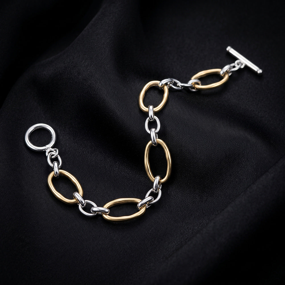 Two Tone Gold Silver Stainless Steel Chunky Oval Link Bracelet, Irregular Paperclip Chain with Toggle Clasp