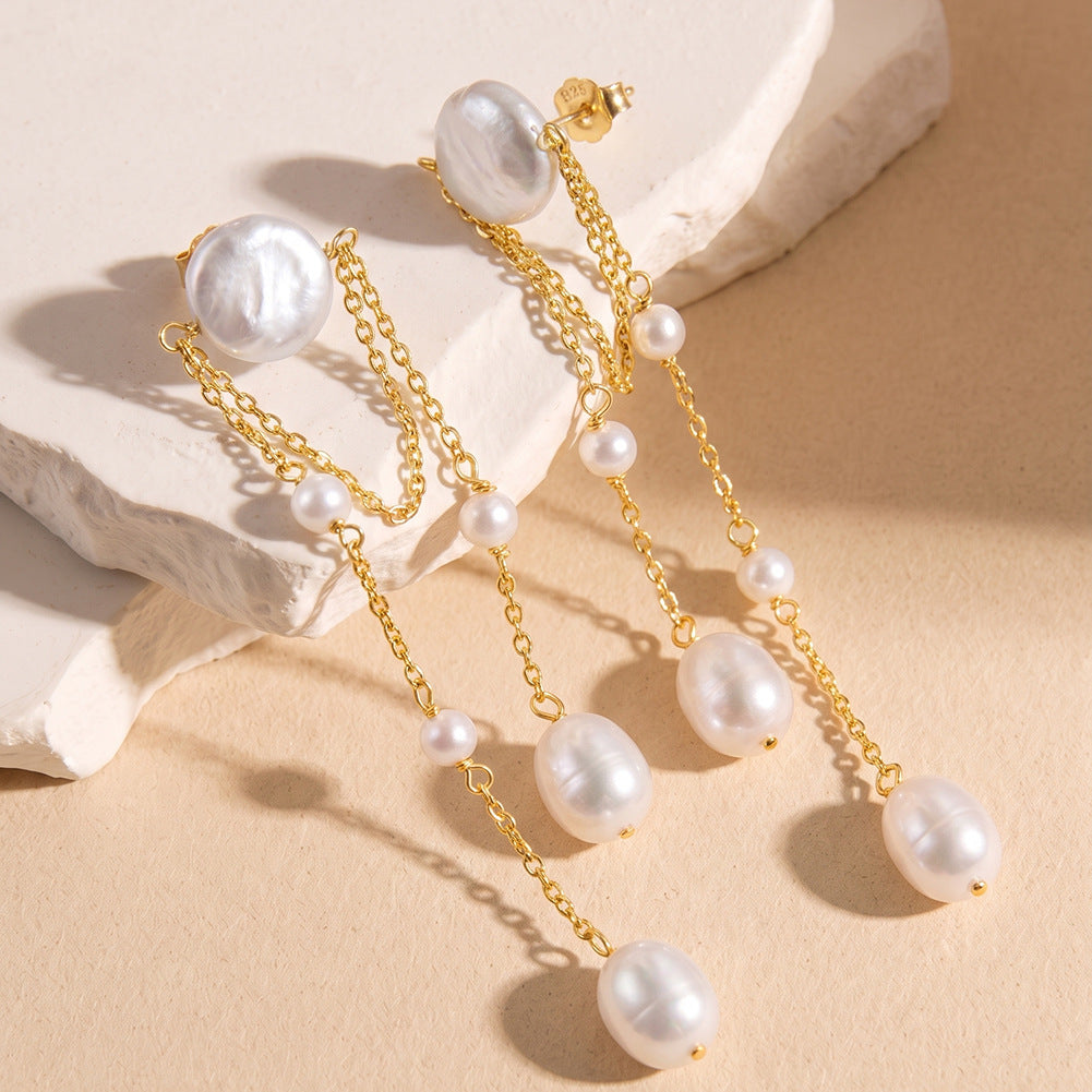 S925 Sterling Silver Tassel Chain Layered Pearl Earrings, Coin Pearl and Graduated Oval Pearls with Smooth Glossy Pearl Surface
