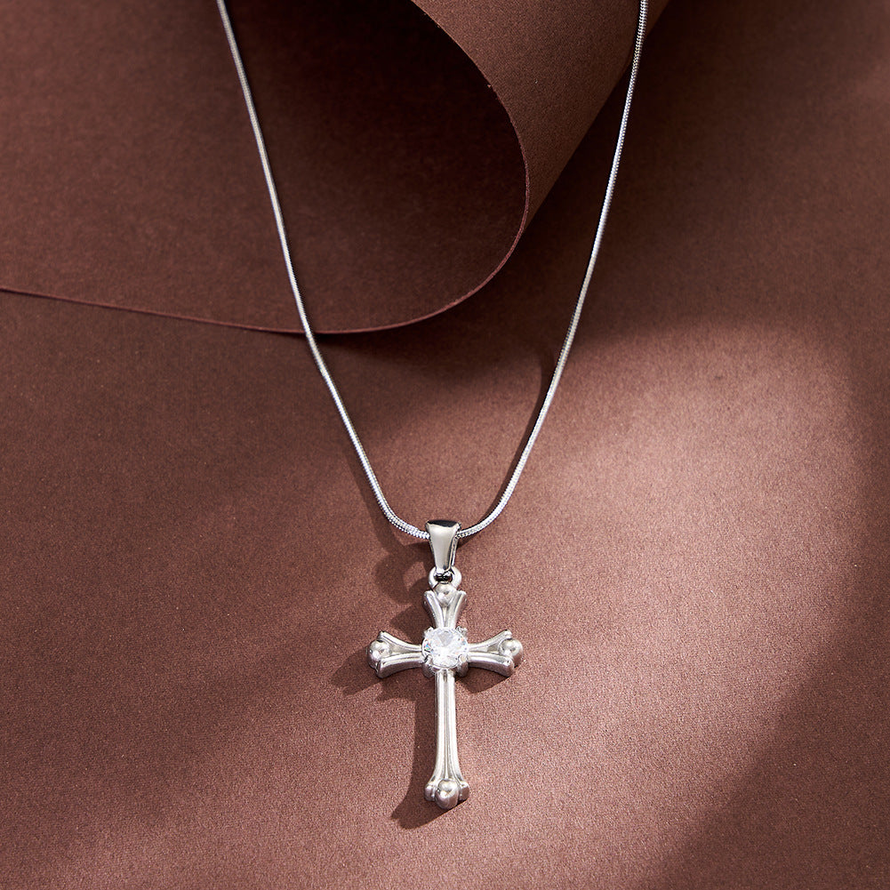 Stainless Steel Vintage CZ Cross Necklace, Retro Ornate Cross with Central Round Cubic Zirconia, Classic Thin Snake Chain