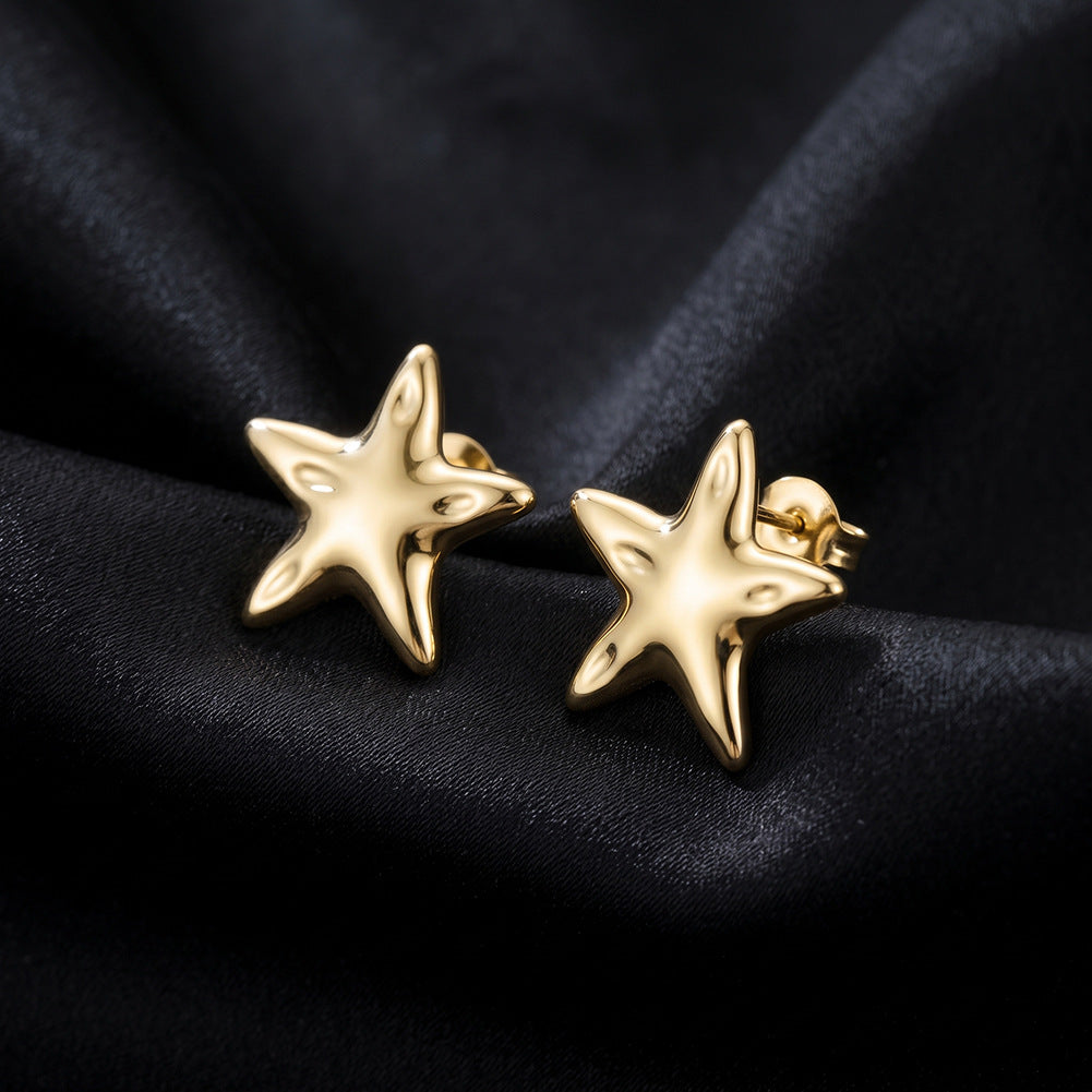 Stainless Steel Gold Plated Puffy Starfish Stud Earrings