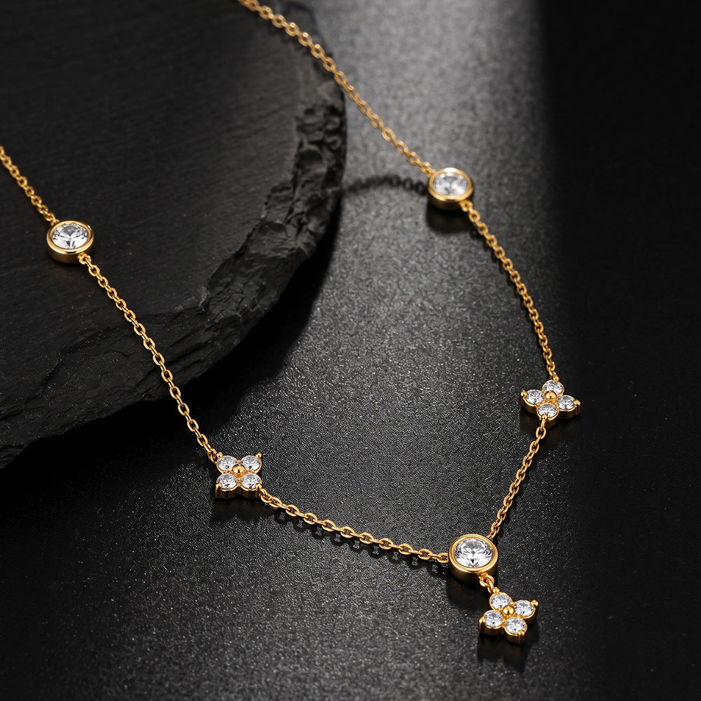 Stainless Steel Four Leaf Clover Station Necklace, Three Paved CZ Clover Charms and Round Bezel Set CZ Stations on Delicate Cable Chain