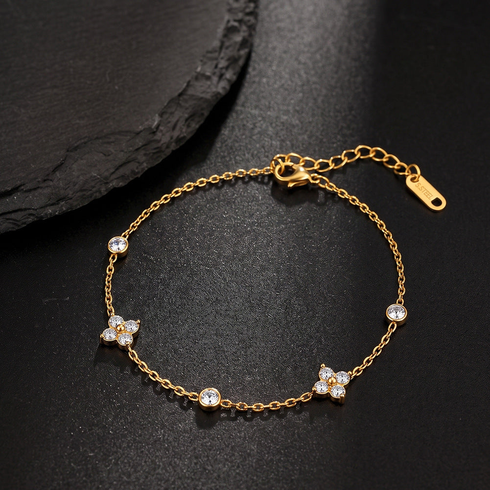 Stainless Steel Dainty Four Leaf Clover CZ Bracelet, Thin Cable Chain with Round Zirconia Accent Bracelet