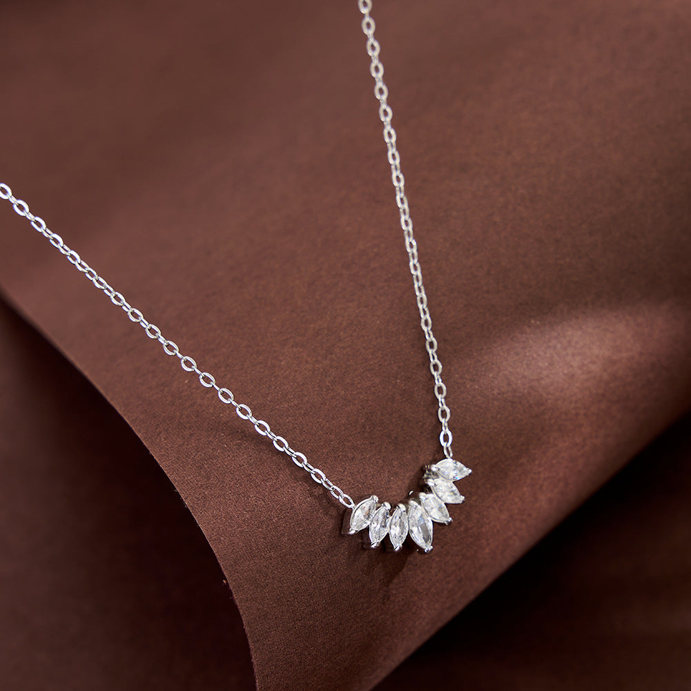 Stainless Steel Marquise CZ Curve Necklace, Six Sparkling Marquise Cut Cubic Zirconia Arranged in V-Shape Pendant, Dainty Link Chain