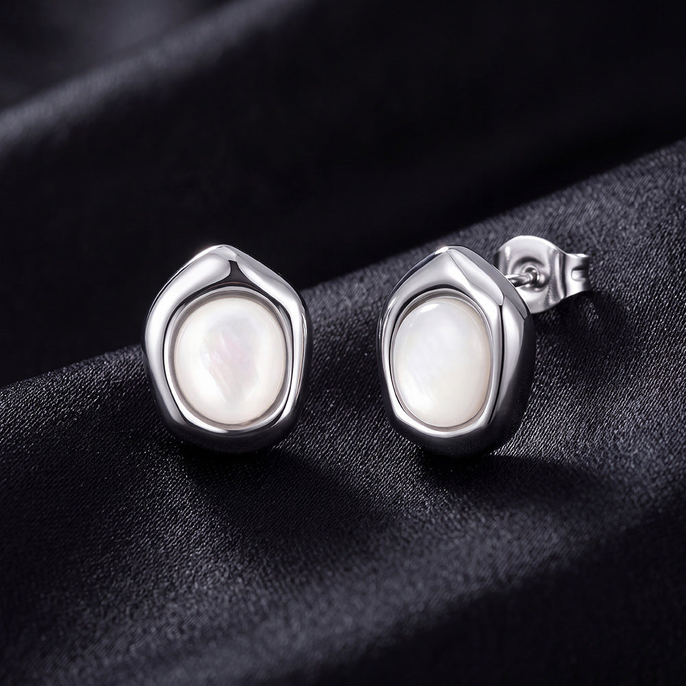 Stainless Steel Irregular Bezel White Shell Pearl Stud Earrings