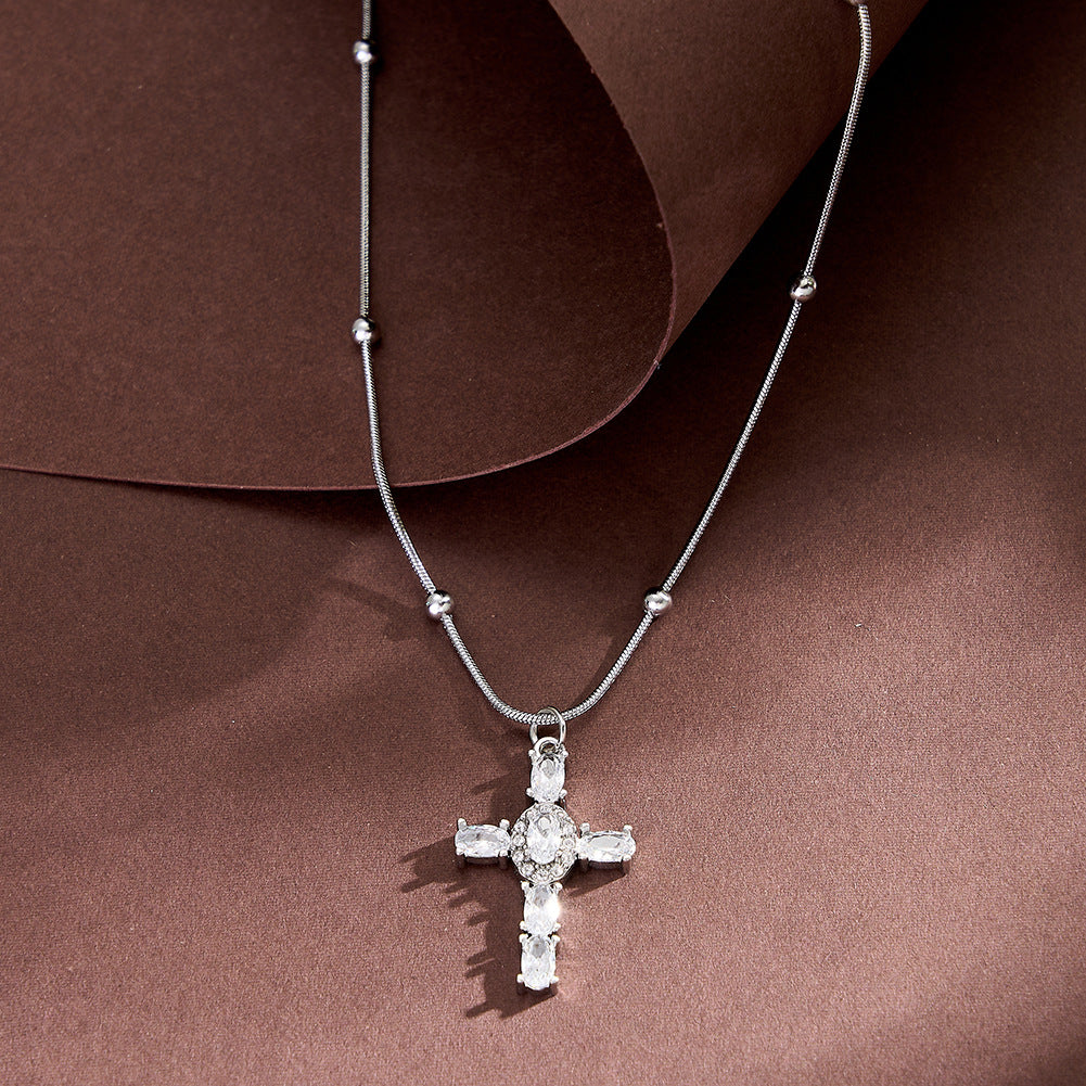 Stainless Steel Paved CZ Cross Necklace, Fully Paved Round Cubic Zirconia Cross Pendant, Beaded Snake Chain with Round Ball Station Accents