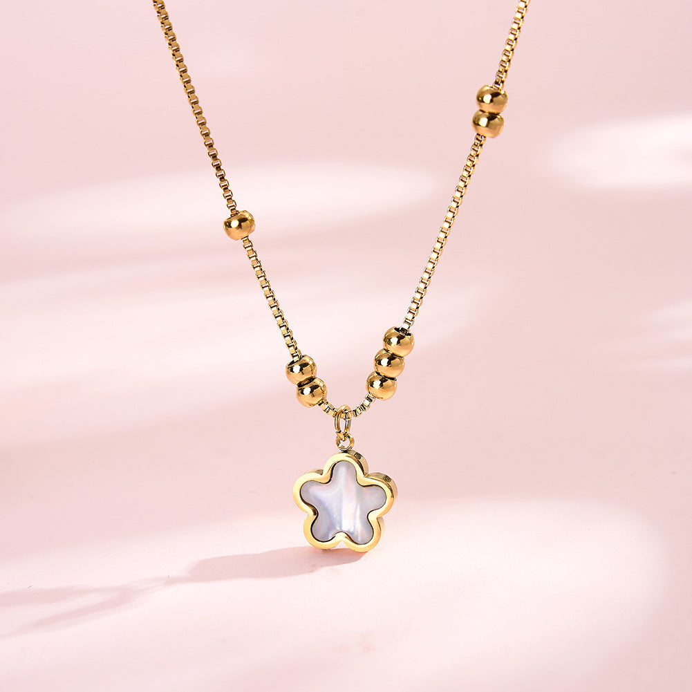 Stainless Steel Flower Mother of Pearl Box Chain Necklace, Five-Petal Flower Pendant with Shimmering Iridescent Mother of Pearl Inlay