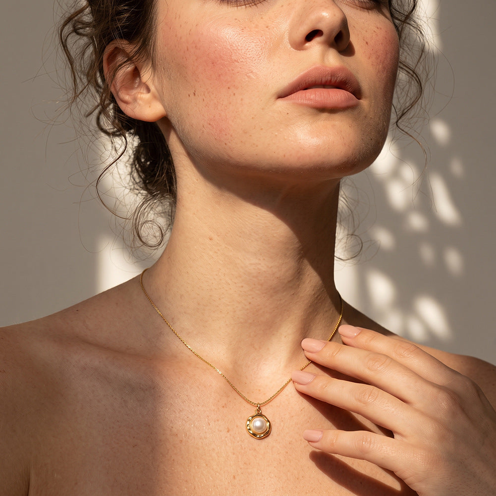 Stainless Steel Round Pearl Pendant Necklace, Smooth Lustrous Round Pearl with Soft Creamy Orient Set in Irregular Hammered Silver Frame