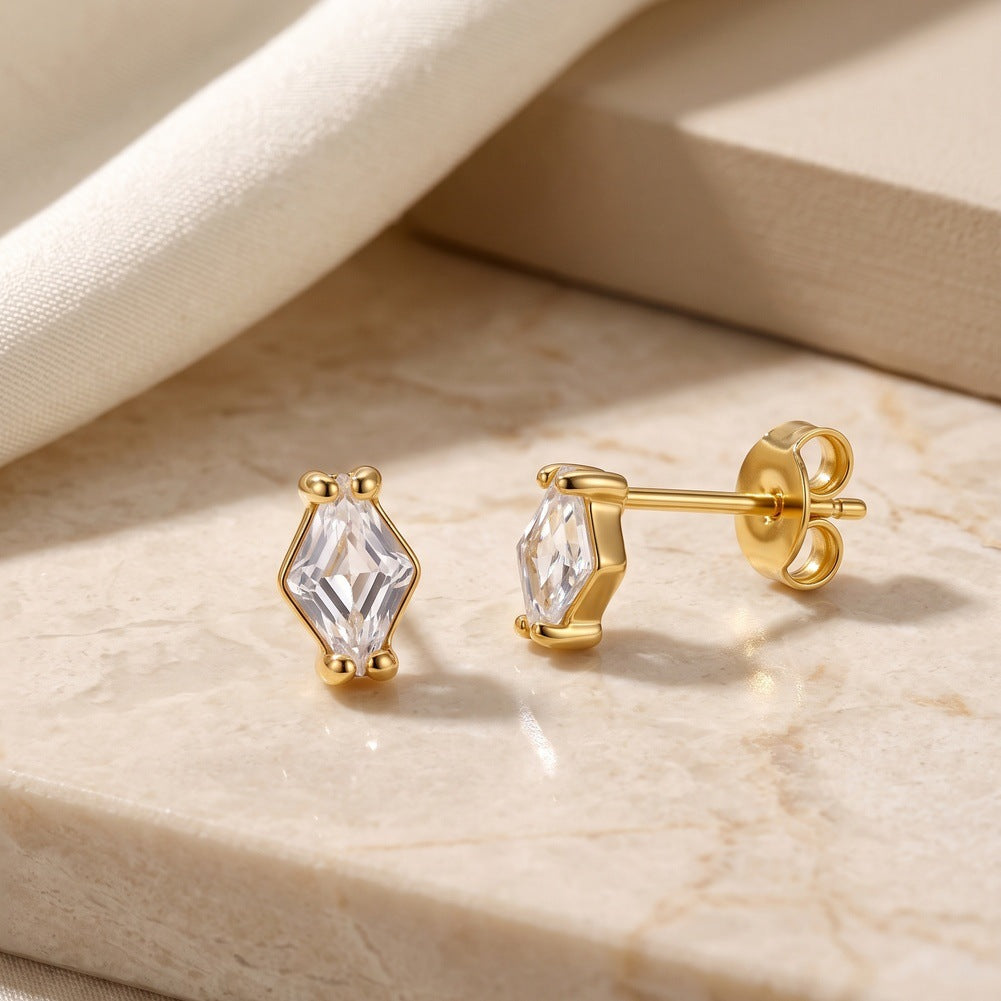 316 Stainless Steel Elongated Kite Cut Cubic Zirconia Stud Earrings, Four Prong Setting, Polished Smooth Silver Finish, Secure Ear Post and Butterfly Backs, Minimalist Sparkling Geometric Earrings for Women