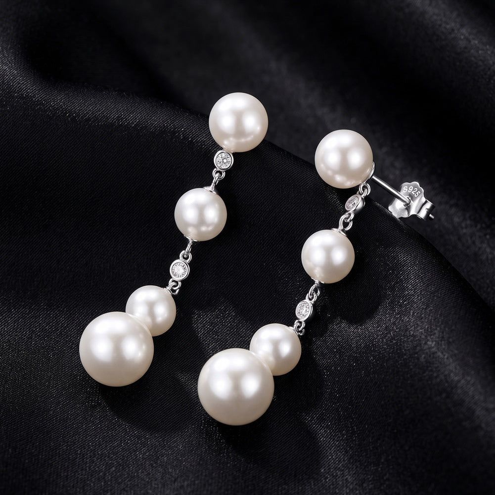 S925 Sterling Silver Layered Pearl Dangle Stud Earrings, Graduated Round Pearls with Gentle Sheen Linked by Tiny Round Cubic Zirconia Accents