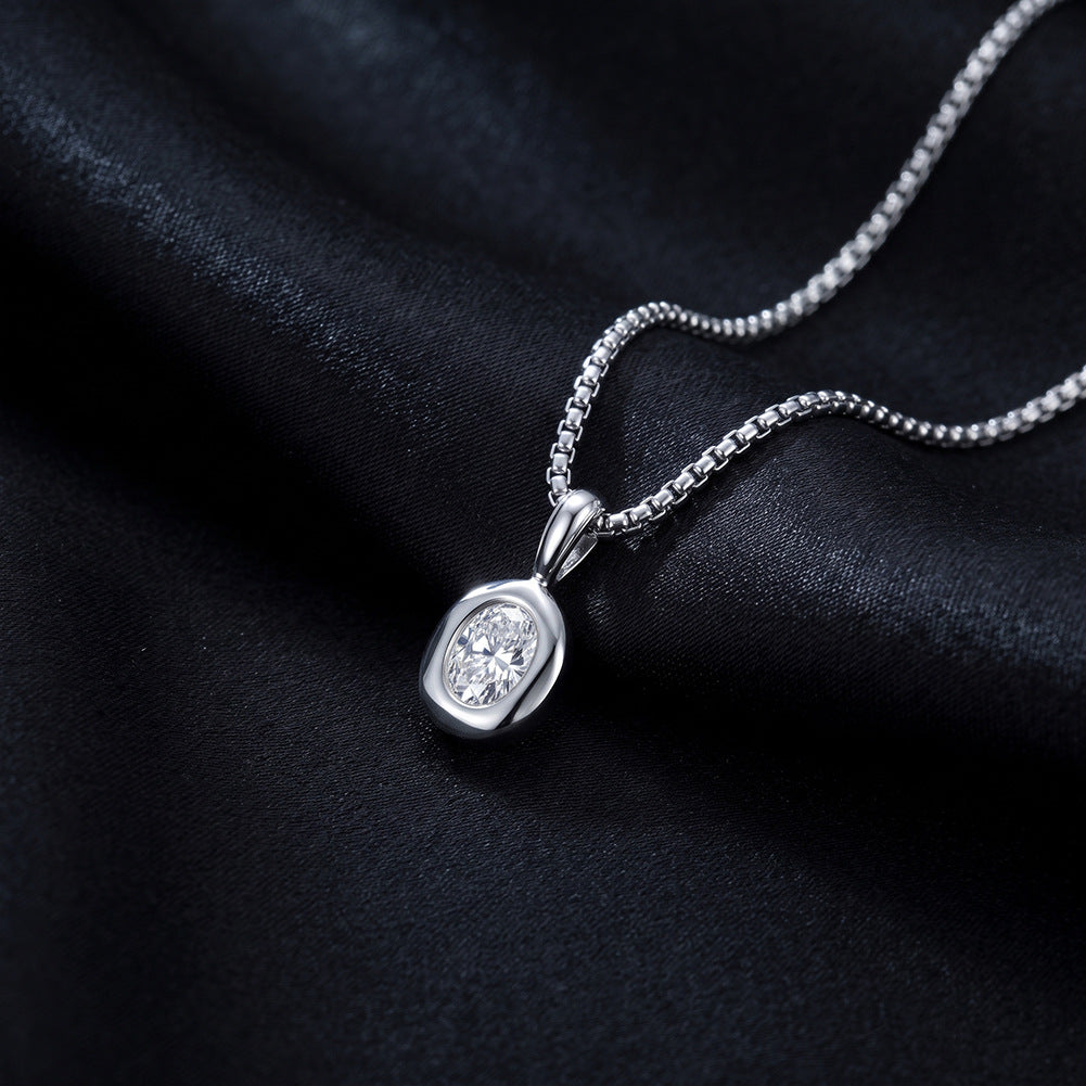 Stainless Steel Oval Cubic Zirconia Pendant Necklace, Shining Oval Cut CZ Stone Bezel Set in Polished Smooth Silver Bezel