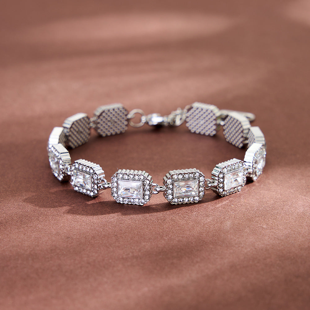 Stainless Steel Rectangle CZ Halo Link Bracelet, Emerald Cut Clear Cubic Zirconia Station Adjustable Bracelet