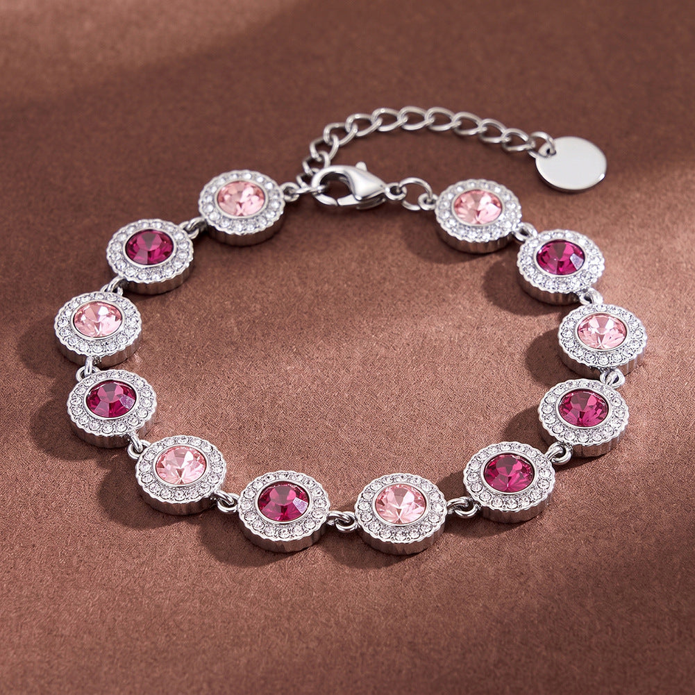 Stainless Steel Pink and Magenta Two-Tone Round CZ Halo Bracelet, Sunflower Halo Cubic Zirconia Bracelet