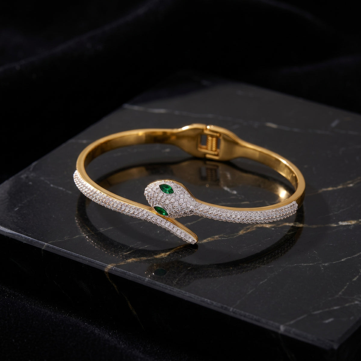 Stainless Steel Silver Snake Bangle Bracelet Paved with Clear CZ and Green CZ Eyes