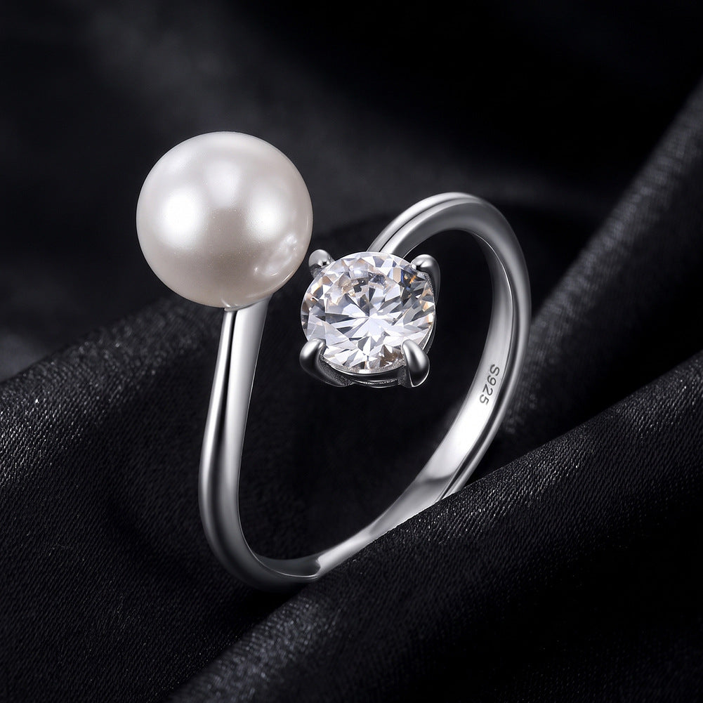 S925 Sterling Silver Open Cuff Ring, Big Smooth Round Pearl with Gentle Silky Luster and Single Brilliant Round Cut Zircon Accent