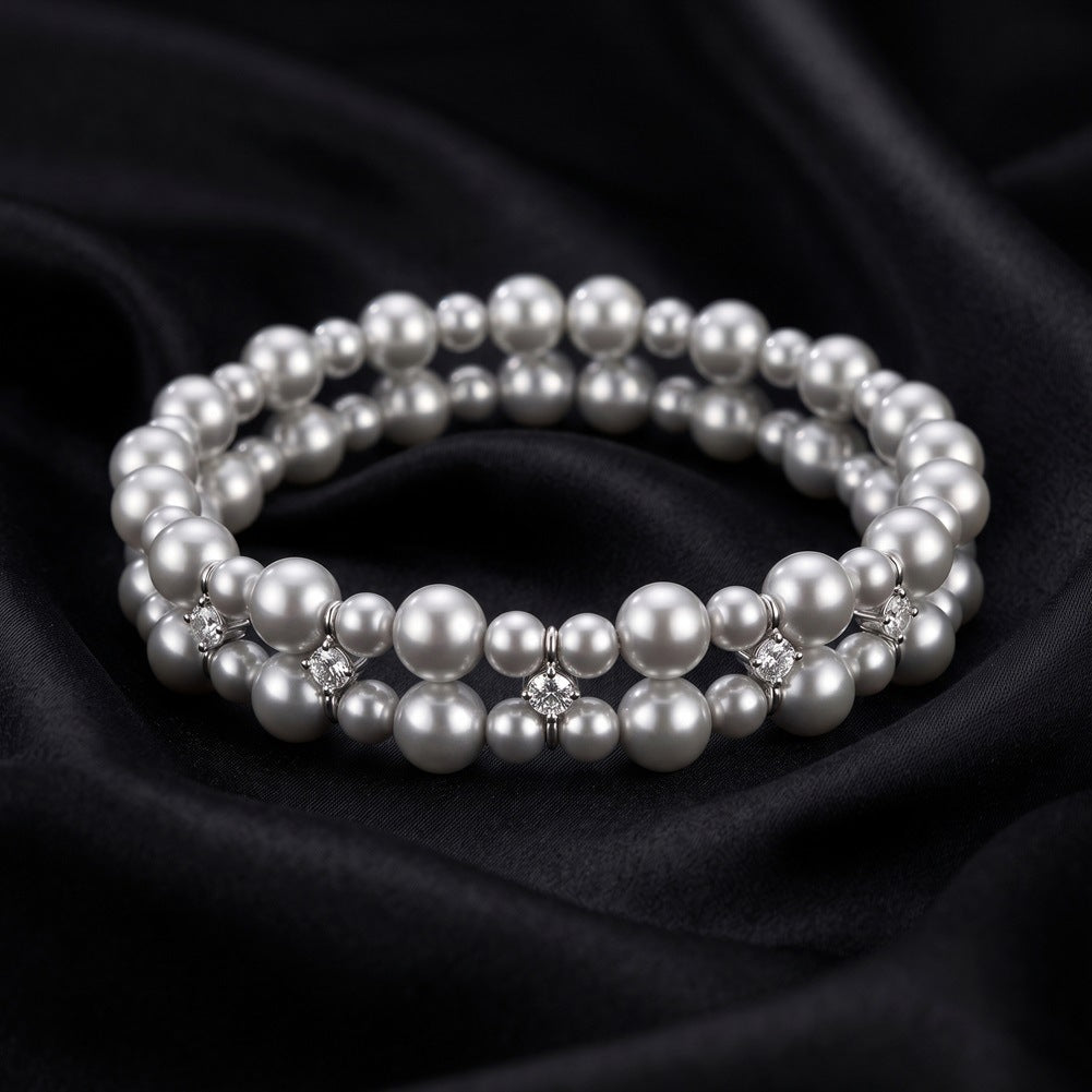 S925 Sterling Silver Triple Strand Grey Pearl Bracelet, Smooth Round Grey Pearls with Muted Metallic Lustre and Zircon Accents