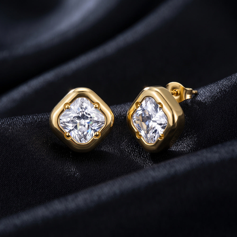 Stainless Steel Gold Plated Cushion Cut CZ Square Stud Earrings