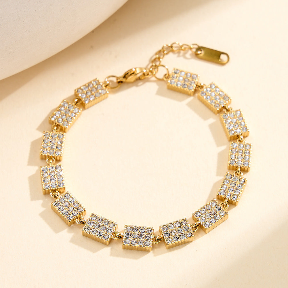 Stainless Steel Pave Square CZ Link Bracelet, Fully Paved Square Clear Cubic Zirconia Adjustable Bracelet