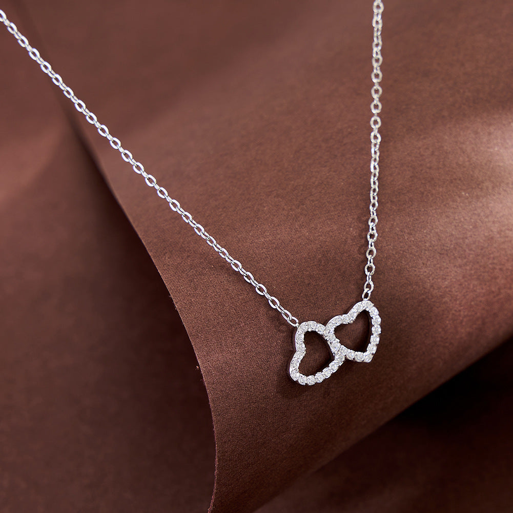 Stainless Steel Interlocking Double Heart Necklace, Two Overlapping Hollow Hearts Fully Paved with Shiny Clear Cubic Zirconia, Romantic Linked Heart Pendant