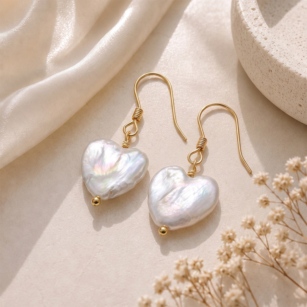 S925 Sterling Silver Fish Hook Heart Shaped Baroque Pearl Drop Earrings, Unique Heart Form Baroque Pearl with Gorgeous Rainbow Iridescent Orient Luster