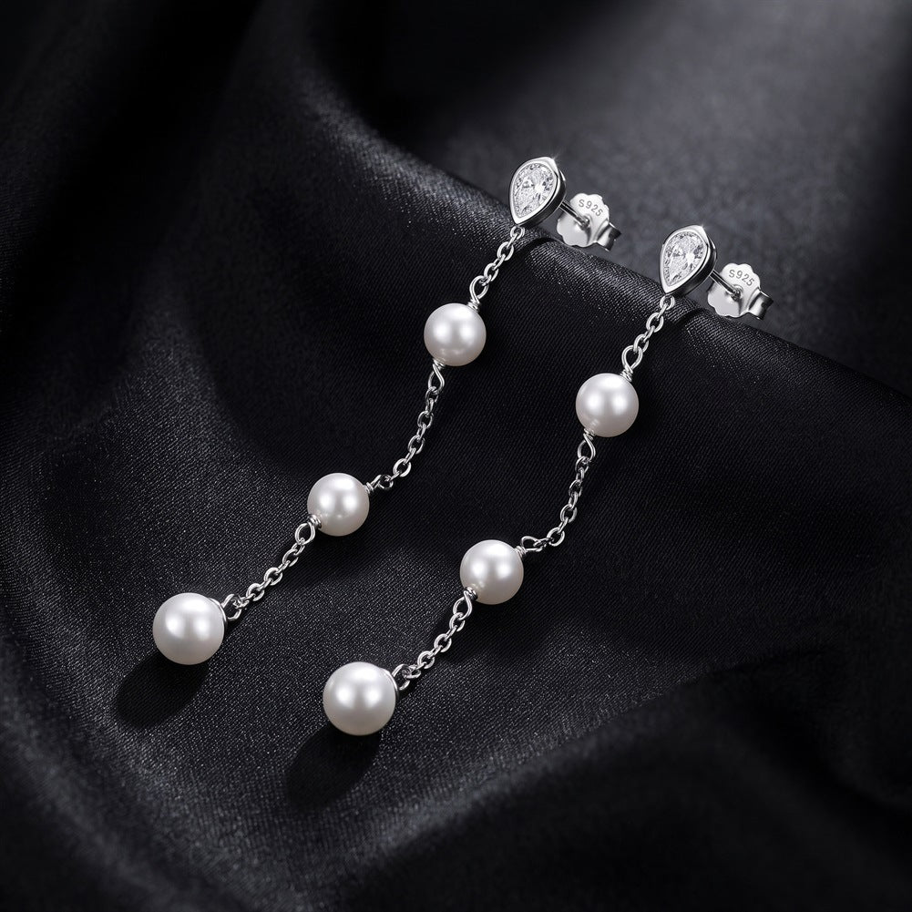 S925 Sterling Silver Long Chain Pearl Drop Earrings, Three Uniform Round Pearls with Delicate Soft Luster Suspended Below Teardrop Cut Zircon