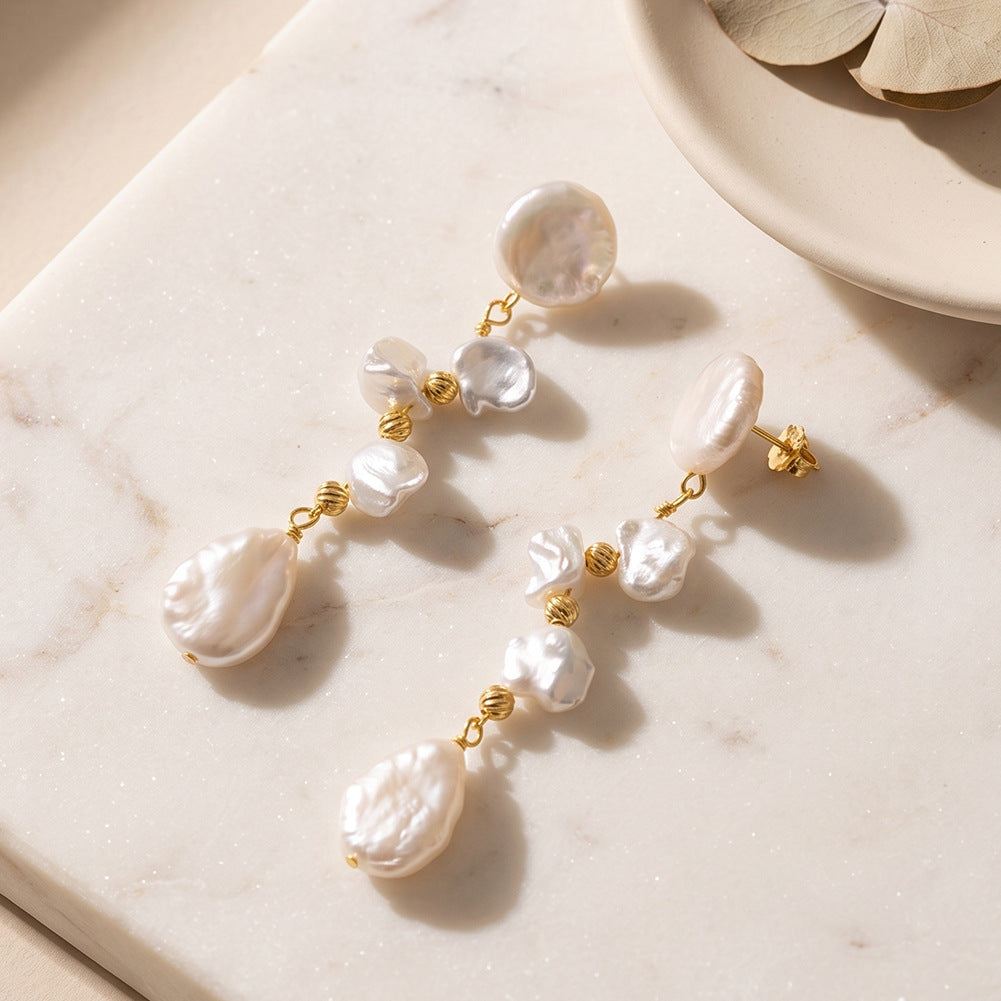 S925 Sterling Silver Cascading Keshi Pearl Long Drop Earrings, Stacked Petal Keshi Pearls and Teardrop Baroque Pearl with Gentle Lustre