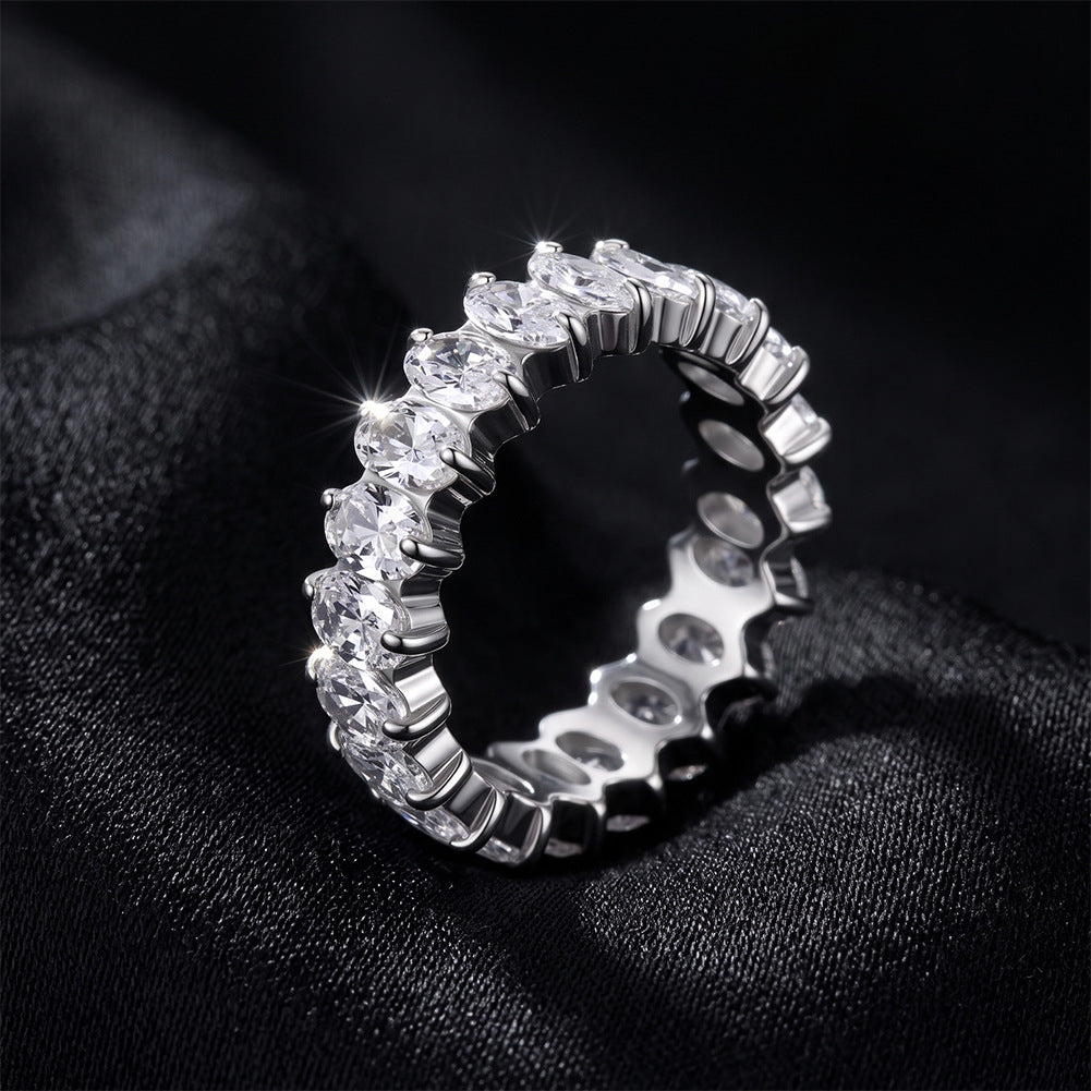 316 Stainless Steel Full Eternity Band Ring, Prong Set Oval Cut Cubic Zirconia All Around, Smooth Polished Surface, Hollow Inner Design, Glamour Stackable Statement Ring for Women
