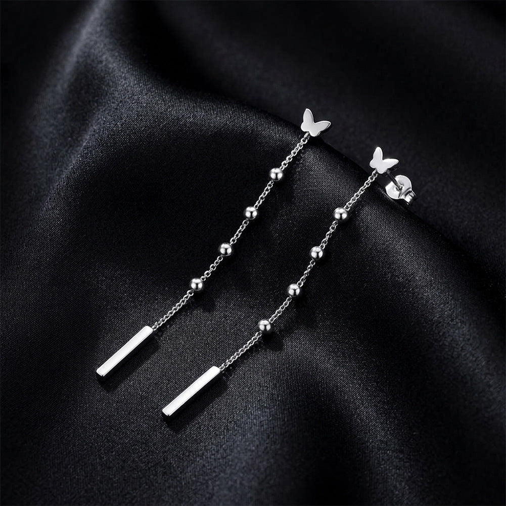 Stainless Steel Butterfly Long Drop Earrings with Beaded Chain and Vertical Bar Charm