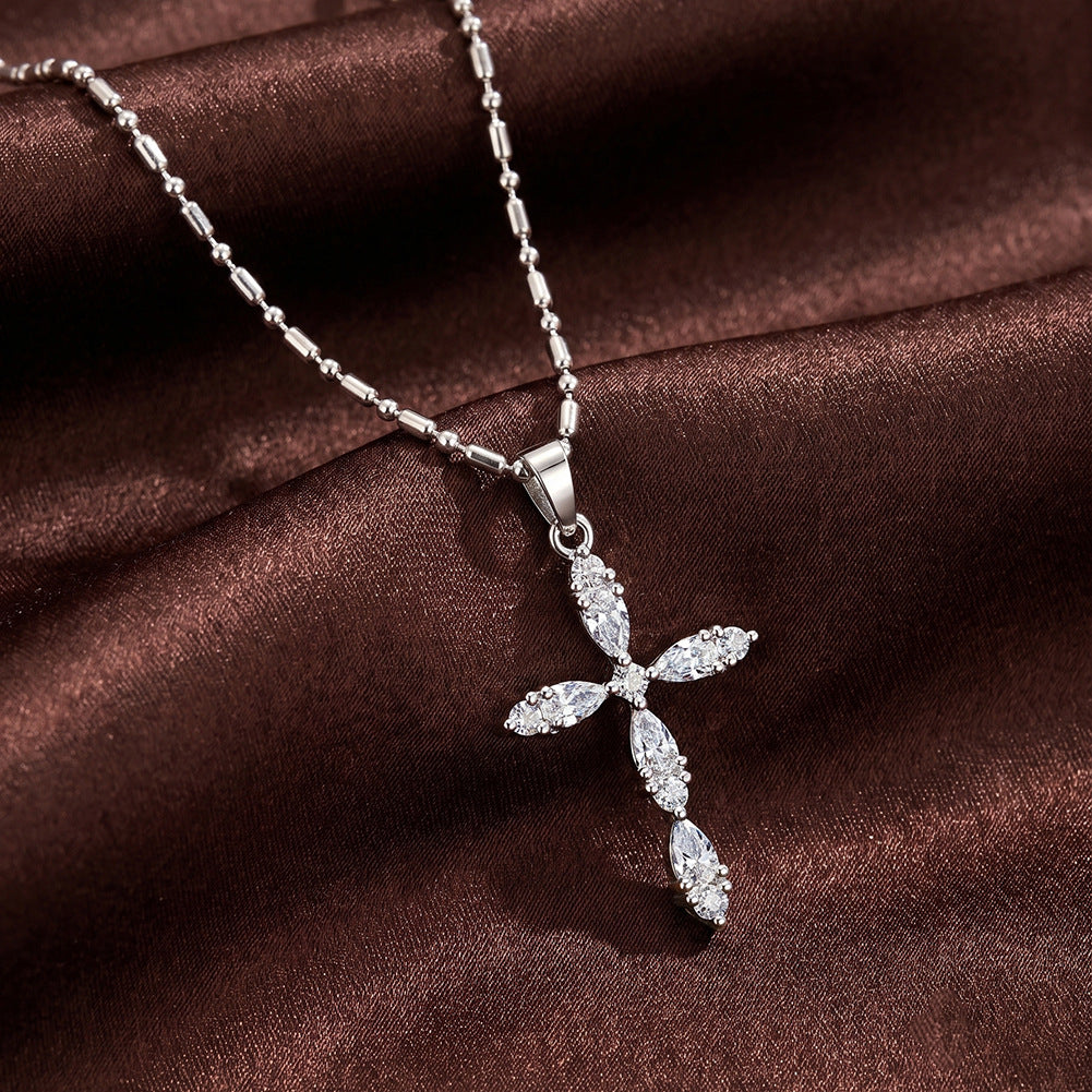 Stainless Steel Marquise CZ Cross Necklace, Marquise Cut CZ Stone Cross Pendant, Mixed Ball and Tube Beaded Station Chain