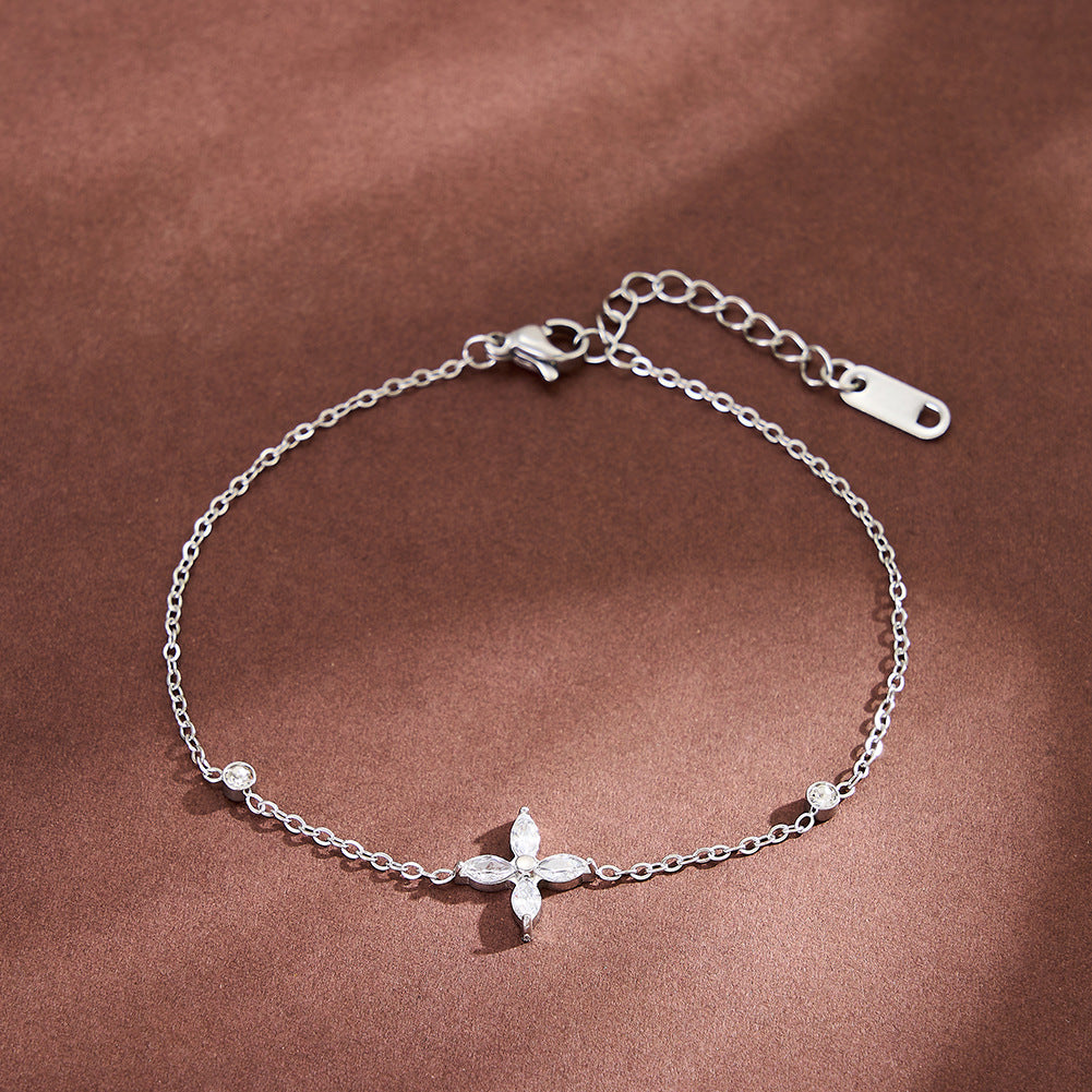 Stainless Steel Pave Four-Point Star CZ Bracelet, Minimalist Thin Chain with Round Zirconia Station Bracelet