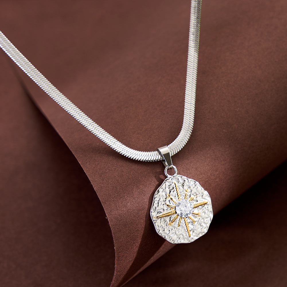 Stainless Steel Two-Tone North Star Medallion Necklace, Hammered Textured Round Disc Pendant with Gold Accent Star and Central CZ, Flat Snake Chain