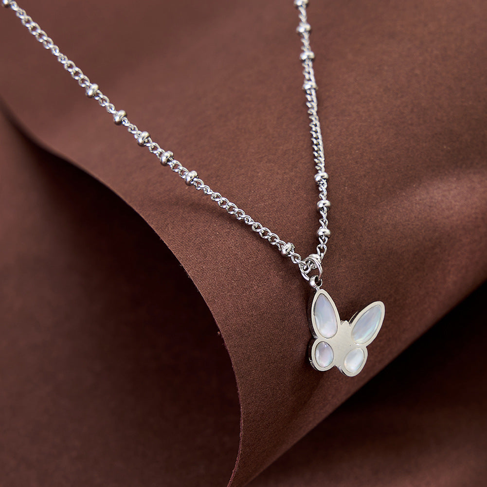 Stainless Steel Butterfly Mother of Pearl Necklace, Butterfly Pendant with Lustrous Iridescent Mother of Pearl Inlaid on Wings