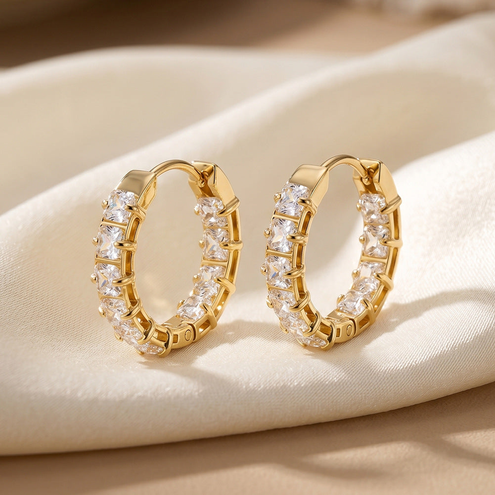 316 Stainless Steel Square Cut CZ Paved Huggie Hoop Earrings, Full Outer Row of Princess Cut Cubic Zirconia, Open Hollow Frame Structure, Hinged Snap Closure, Luxe Sparkling Stackable Hoop Earrings