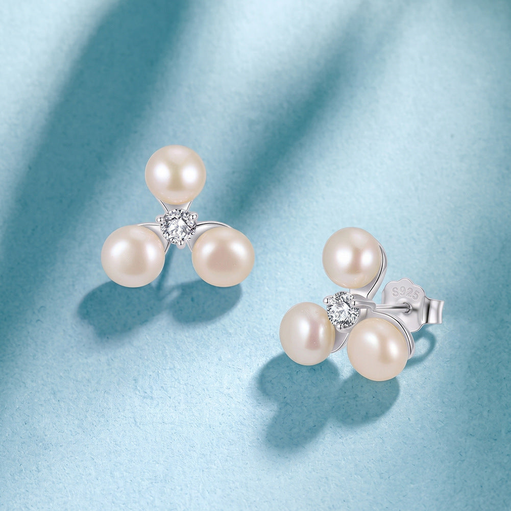 S925 Sterling Silver Three Pearl Clover Stud Earrings, Three Round Pearls with Warm Subtle Iridescent Luster